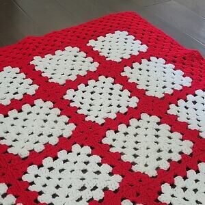 Crochet Lap Blanket Geometric Square Red White Christmas
